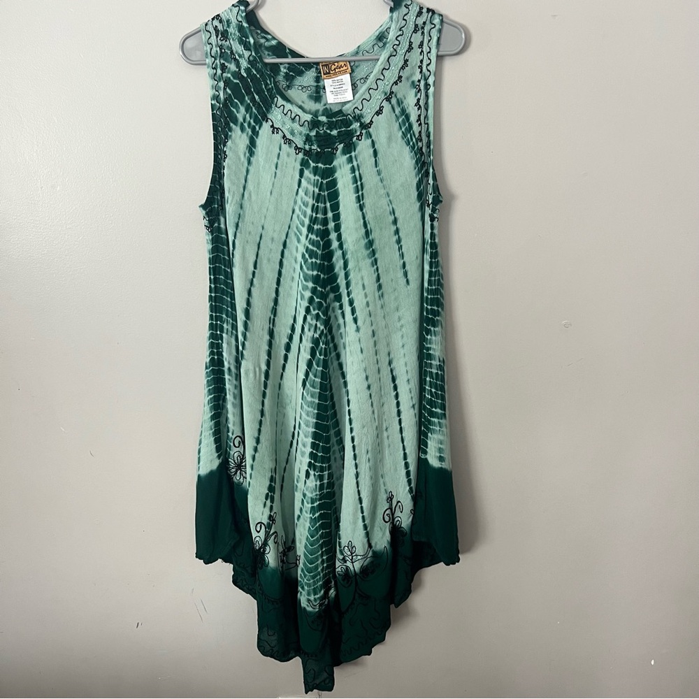 Tie Dye Green Embroidered Midi Dress Asymmetrical Hem Beach Swim Coverup Boho - Picture 2 of 12